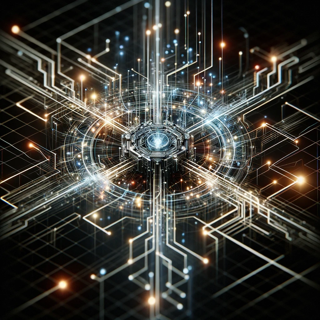 Une image représentant de manière futuriste et numérique le modèle 'Transformer' en intelligence artificielle.