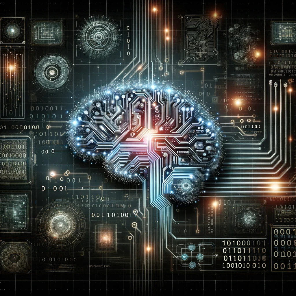Image créée pour représenter le concept d'apprentissage automatique. Elle met en scène un cerveau numérique composé de circuits et de flux de données, symbolisant la fusion de l'intelligence artificielle et du traitement des données.