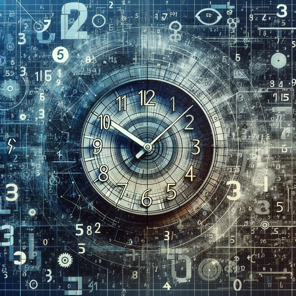 L'image illustre une horloge analogique affichant l'heure au format numérique, sur fond de chiffres et de symboles mathématiques. Cette visualisation capture l'idée du concept abstrait de "numérique", qui concerne les choses exprimées ou représentées par des nombres, sans être lié à une technologie spécifique.