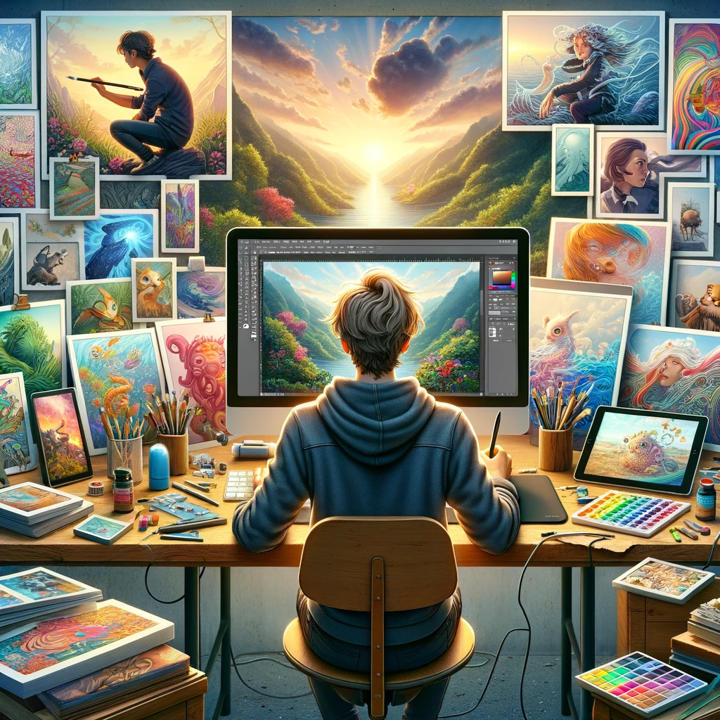 Artiste numérique plongé dans la création d'un paysage de montagne sur son ordinateur